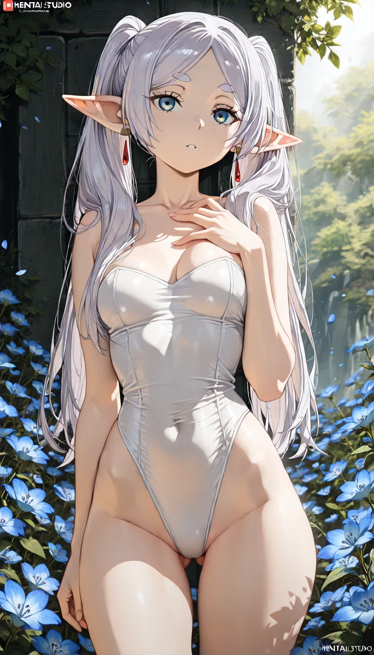 best quality, polished, 1girl, @frieren , ass visible through thighs, flower, , visual novel art, hentai_studio_quality