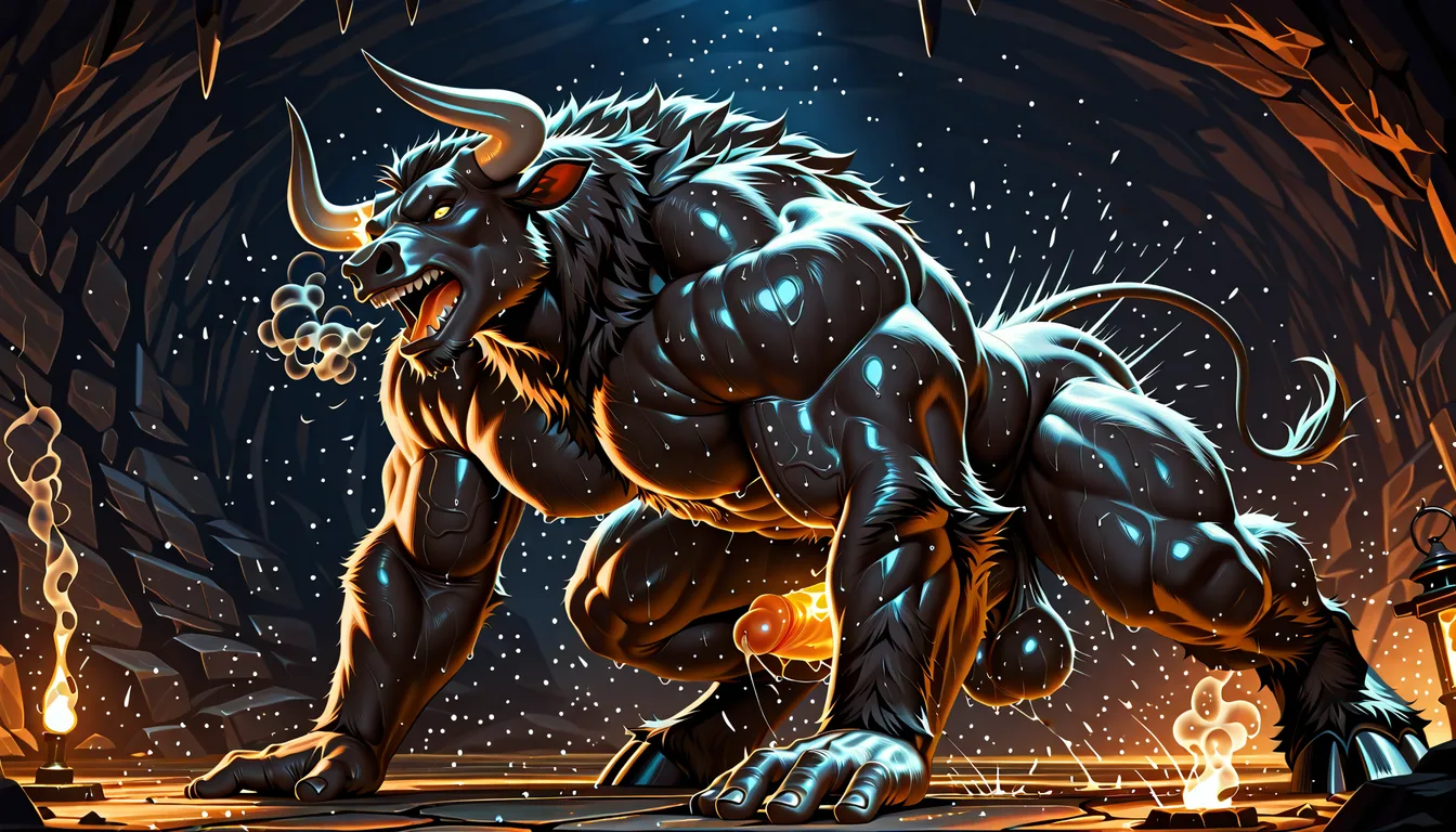 Hyper-realistic cinematic 5-second shot inside a dark, damp cave. Dramatic lighting comes only from a single flickering torch mounted on a stone bracket to the left, casting dancing orange-gold light and deep shadows across uneven rocky walls covered in moss and moisture. The torchlight partially illuminates the bodies, highlighting sweat, muscle, and dense fur.
A massive, extremely muscular and heavily furred minotaur dominates the frame. Anthropomorphic bull body: enormously broad shoulders, thick powerful chest covered in dense dark-brown and black fur, veiny muscular arms, large rough hands gripping the man’s waist tightly. Bull head with thick curved horns, strong muzzle, intense wild eyes glowing in the torchlight. Wide back, powerful haunches, thick furry legs. His cock is thick, long, heavily veined, with a broad glistening head and heavy furry balls swinging with every thrust.
He fucks the strong farmer hard and fast. The farmer is a robust, muscular adult man with a hard-working rural body: broad shoulders, defined back, strong arms and legs, tanned sweaty skin, short hair and light stubble. He is on all fours on the uneven stone floor, hands braced against the cave ground, back arched. His own erect cock is clearly visible, with defined head and balls bouncing from the impact.
Intense, rapid rhythmic thrusting: the minotaur drives deep and fast into the farmer’s ass, hips slamming hard and fast, skin and fur colliding, sweat dripping down both bodies. Low side-angle tracking camera that follows the powerful thrusts, capturing fine texture details (wet fur, contracting muscles, oily skin reflecting the torchlight). The farmer shows intense effort and pleasure (mouth slightly open, eyes half-closed); the minotaur radiates raw animal dominance.
Atmosphere: deep cave, subtle echo of bodies meeting, light torch smoke, illuminated dust particles in the air. Hyper-realistic style, sharp textures of skin, fur and stone, volumetric torch lighting, 24fps with subtle motion blur on the fastest movements to convey speed and force. Exact 5-second duration, starting already in the middle of the intense action and maintaining the high pace until the end.