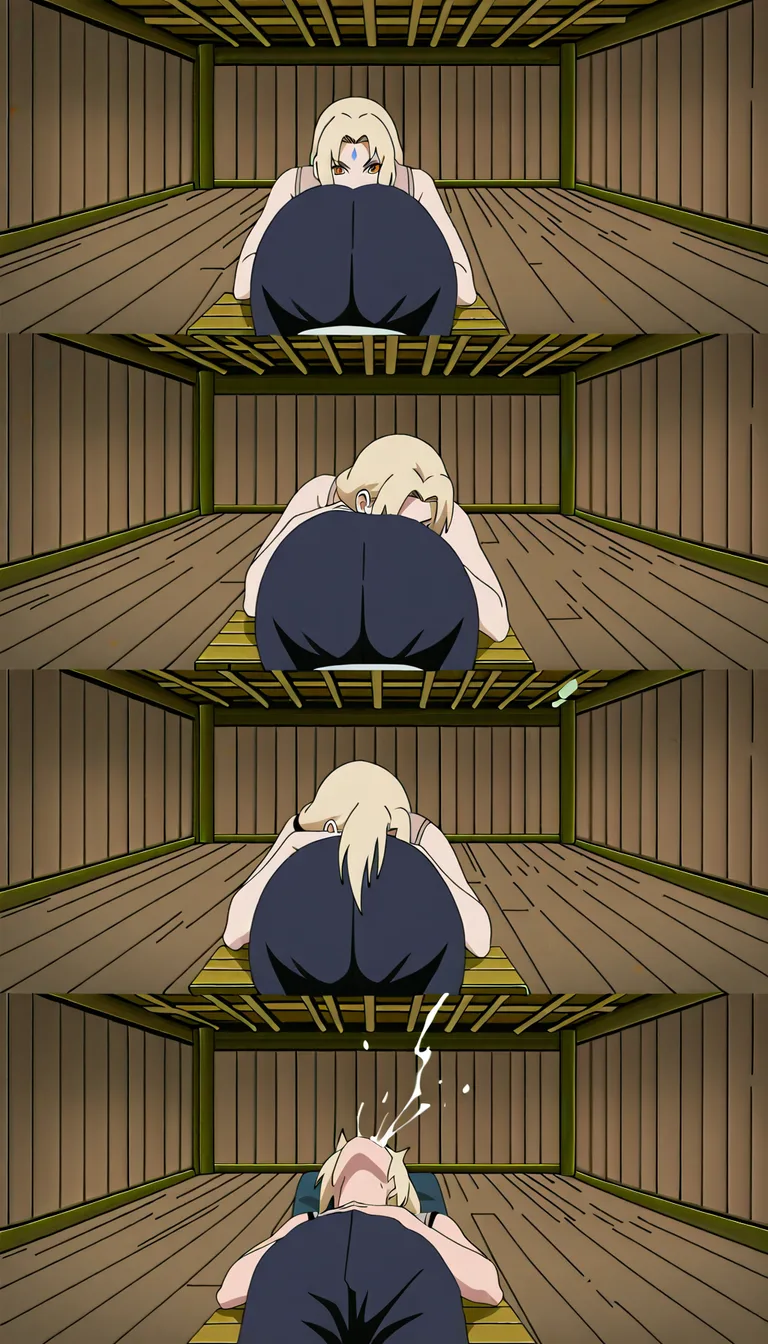 masterpiece, best quality, ultra detailed, Naruto Shippuden, @uzumaki_naruto, @tsunade, multi-panel layout, dynamic composition, a woman performing fellatio on a man sitting in a chair inside a village hut, intense sucking, oral ejaculation, the man letting out a sound, wooden floor, bundles of straw, wooden walls, earthen ground, (anime style:1.3), 2d, anime screencap, cel shading, flat color