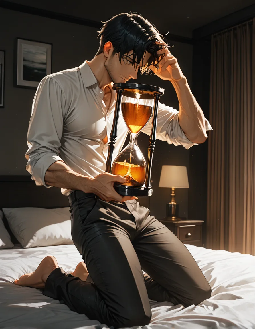 professional photo, high detail, 1boy, hourglass figure, pants, kneeling on bed, cool tones, dslr quality, hentai_studio_quality