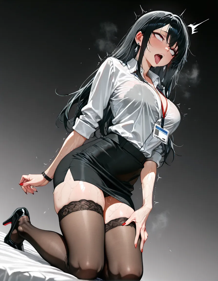 8k, sharp focus, detailed skin, dutch angle, office lady, ahegao, thighhighs, gradient background, dslr quality, hentai_studio_quality