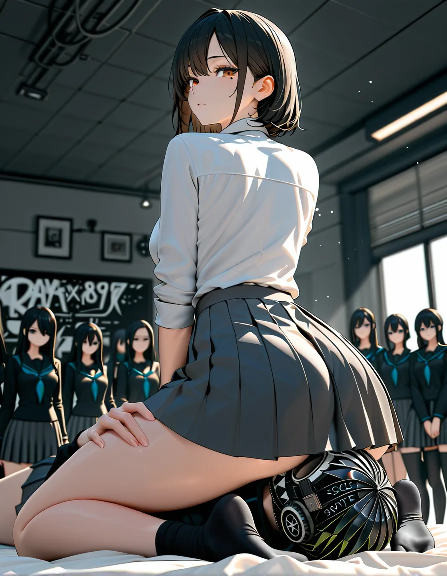 masterpiece, clean art, 6+girls, mole, pleated skirt, facesitting, bed sheet, confident gaze, manga panel look, score_9, score_8, 3d render, octane render, subsurface scattering, ray tracing, smooth shading