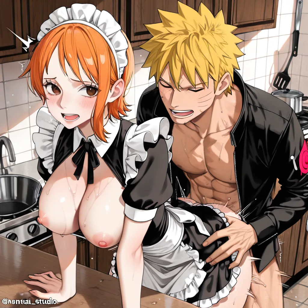 Naruto Uzumaki, @nami (One piece), short_hair, maid, open_clothes, sex_from_behind, kitchen, hentai_studio_quality