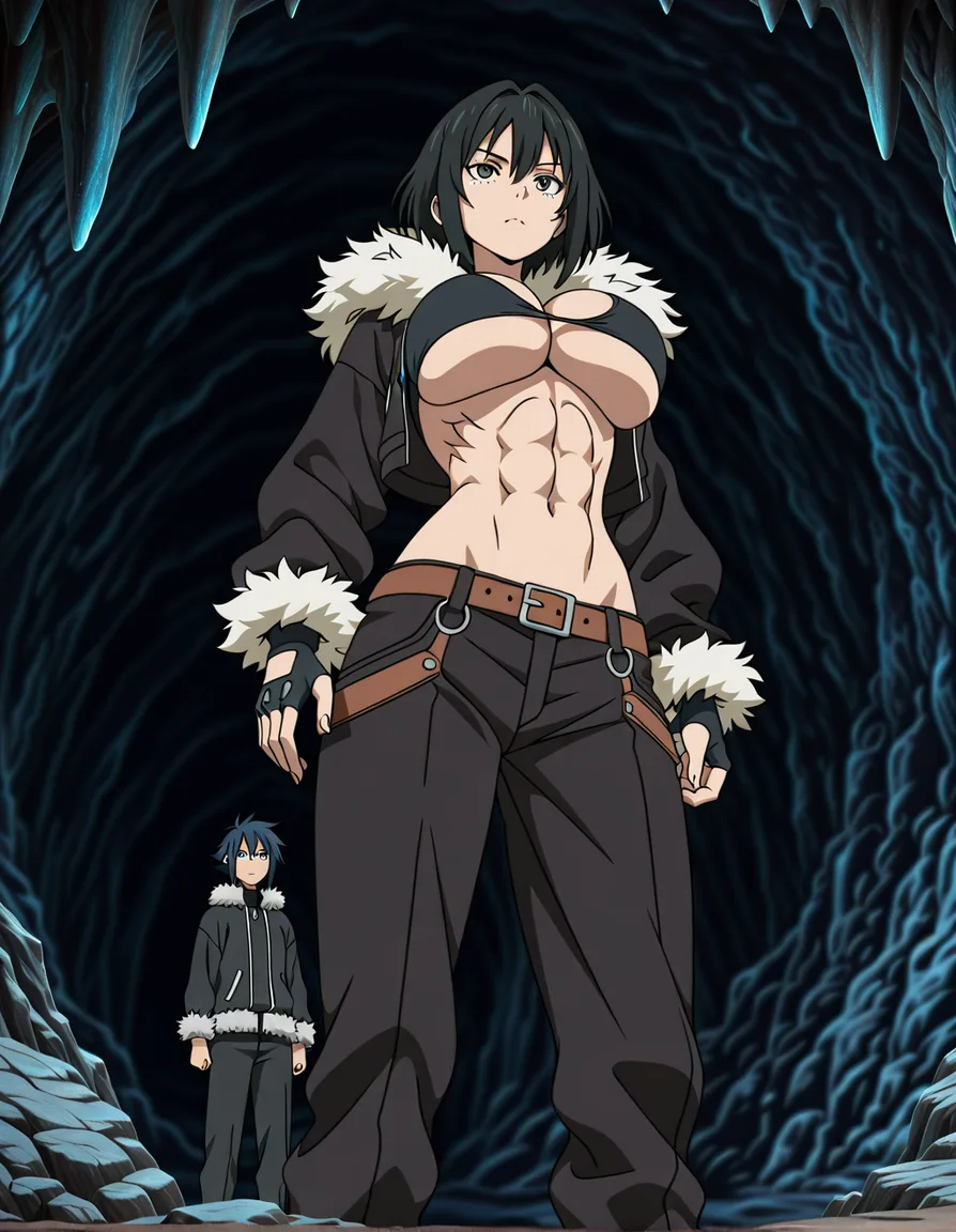 giant cave woman with big boobs, fur clothing, underboob , cleavage , abs , short_hair , standing over a man, (anime style:1.3), 2d, anime screencap, cel shading, flat color, hentai_studio_quality, hentai_studio_quality