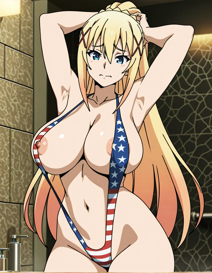 @darkness_(konosuba) she has a thin_american-flag_slingshot_swimsuit and a nipple_slip with a bimbo-hourglass-body and massive_breasts huge_breasts , and a thick-hot mature_female in a bathroom with no light. Her tits bigger than her own head and absolutely large, her body and thighs are extremely tall but thicker. Showing her armpits thick_waist, large_breasts, bimbo, (anime style:1.3), 2d, anime screencap, cel shading, flat color