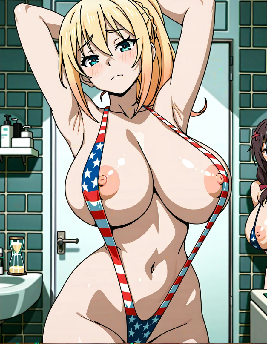@darkness_(konosuba) blonde_hair _hair thin_american_flag_slingshot_swimsuit, bimbo, huge_breasts, narrow_waist, hourglass_body, armpits, bathroom, no_light, nipple_slip, looking_at_viewer, shameless_view, not_embarassed_expression
2girls
@yunyun_(konosuba) thin_american_flag_slingshot_swimsuit, bimbo, huge_breasts, narrow_waist, hourglass_body, arm_up_armpits, bathroom, nipple_slip,
looking_at_viewer, shameless_view, not_embarassed_expression
Hentai-style, (anime style:1.3), 2d, anime screencap, cel shading, flat color