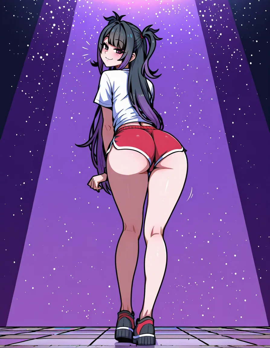 #akairiot_artstyle, @ame-chan_(needy_girl_overdose), 1girl, solo, black_hair, smile, blush, dolphin_shorts, red_shorts, ass, full_body, standing, looking_back, from_behind, hentai_studio_quality