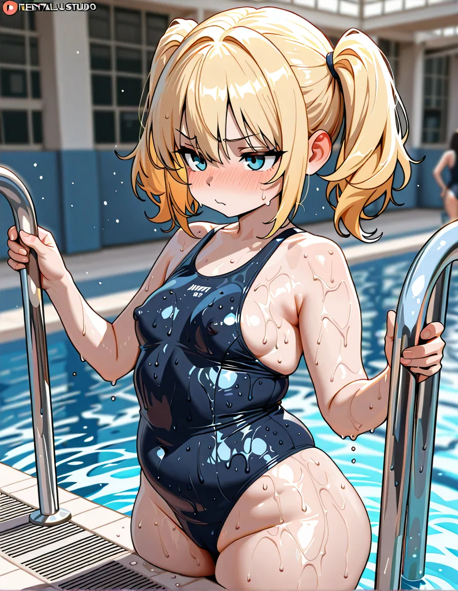 Masterpiece,high detail,best quality,shortstack,big head,short blonde hair in twin tails,chubby,small breasts,thick thighs,wearing a dark blue single piece swimsuit,small nipple bulge,insanely wet skin,blushing,school public pool with students in the background, hentai_studio_quality