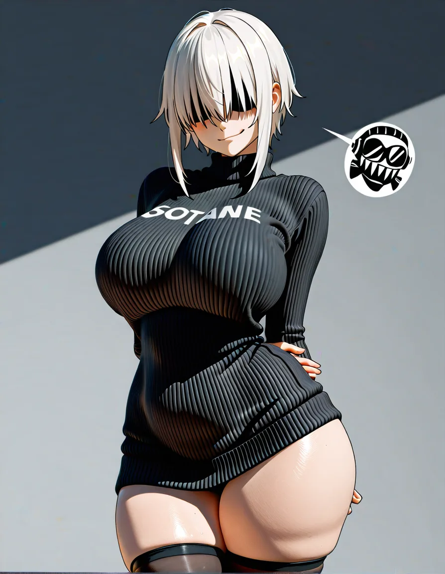 Yanagi Uzaki,insanely short,short torso,big head,short arms,short legs,large breasts,long white hair,long bangs,non-visible eyes,small smirk,with her hands behind her back,sweater,big breasts,insanely plump thighs,thick thighs,narrow shoulders,wide hips,black thigh highs, score_9, score_8, 3d render, octane render, subsurface scattering, ray tracing, smooth shading