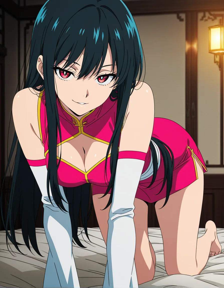 highres, vivid, 1boy, legs, detached sleeves, on all fours, seductive look, manga panel look, (anime style:1.3), 2d, anime screencap, cel shading, flat color