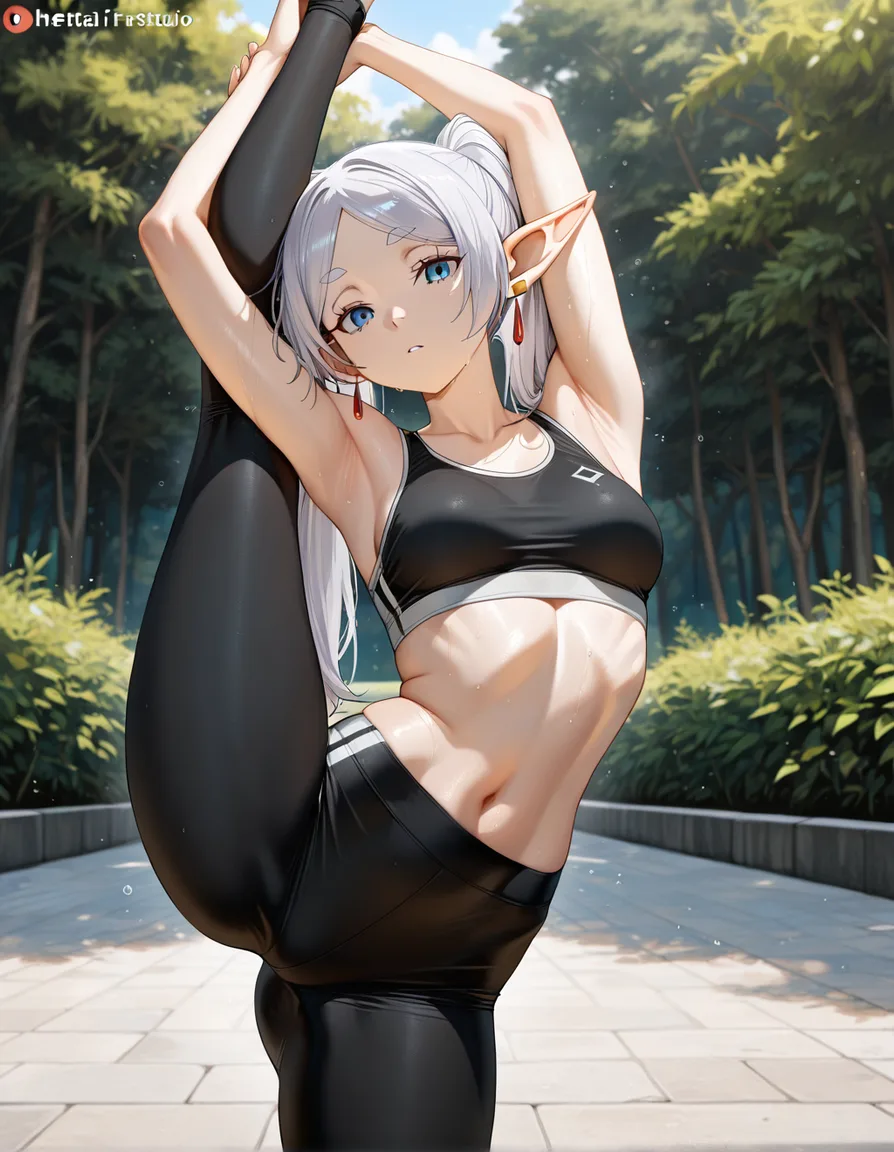 /masterpiece /ultra_detailed /highres @frieren #leg_up #sports_bra #leggings #stretching #outdoors #facing_viewer, hentai_studio_quality