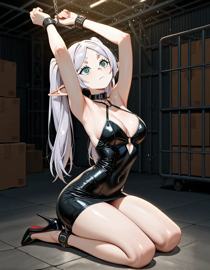 /masterpiece /ultra_detailed /highres frieren #warehouse #kneeling #high_heels #short_dress #@_@ #looking_up #bondage, hentai_studio_quality