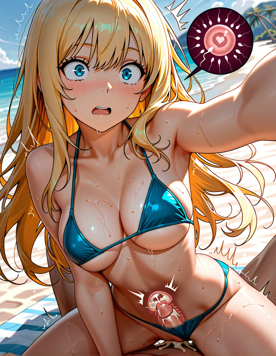 x-ray, cum_in_pussy, impregnation, cowgirl_position, selfie, surprised, blue_bikini, blonde_hair, long_hair, breasts_out, panties_aside, sex, beach, hentai_studio_quality