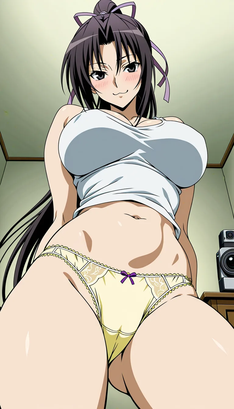 kazehana, sekirei, 1girl, black eyes, black hair, long hair, ponytail, hair ribbon, smile, front view, large breasts, thighs, hips, midriff, navel, ribs, then put her arms behind her head/neck, Anime style, young woman with hair in a messy bun, eyes, slight blush, looking looking_at_viewer,. Wearing a tight white tank top that emphasizes her extremely large breasts, yellow panties with single small purple ribbon, crotch_seam, panty crotch. sexy, low-angle view, showing her panty crotch on you, camera point of view (zoomed in to show her panty crotch: 3:3x), (super low angle view 7:9x), hentai_studio_quality, 

moving, girl remains unmoved, the girl will smile, she showing you only her panties, showing her panty crotch on you, she began dancing her panties but only dancing her panty crotch, her panty crotch of her panties will shake when it dance normally while she sitting, then she stop moving to showing her panty crotch of her panties on you while she still don't move