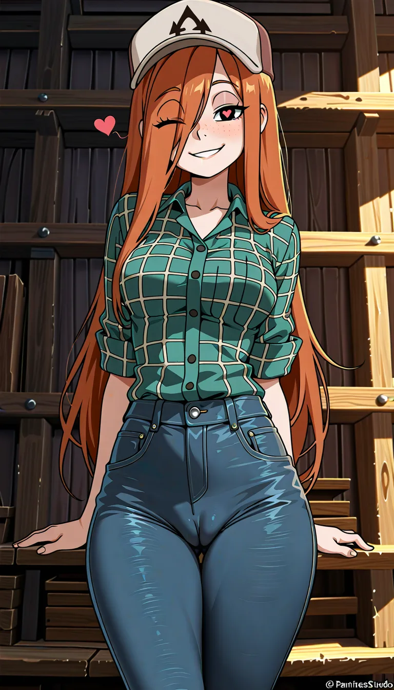 /highres. /best_quality, /best_lighting /sharp_focus, /Masterpiece, Redraw the entire picture as a hand-drawn anime illustration in flat cel-shaded anime style. 1 girl, Wendy Corduroy from Gravity Falls, no black baground, winking, dry smile, cameltoe, from behind, natural perky medium breasts, outfit visible, watermark not visible, heart eye visible, standing, no patrion, patrion not visible, thighs together, jeans detailed wood shop background, in shop, no freckles on view, brown-and-gray trapper lumberjack hat, An awesome emerald-green plaid shirt, look at viewer., anime screencap. hentai_studio_quality,, hentai_studio_quality