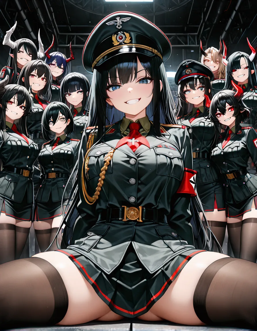 absurdres, highres, 6+girls, thighhighs, horns, spread legs, military, teasing grin, soft cel shading, hentai_studio_quality