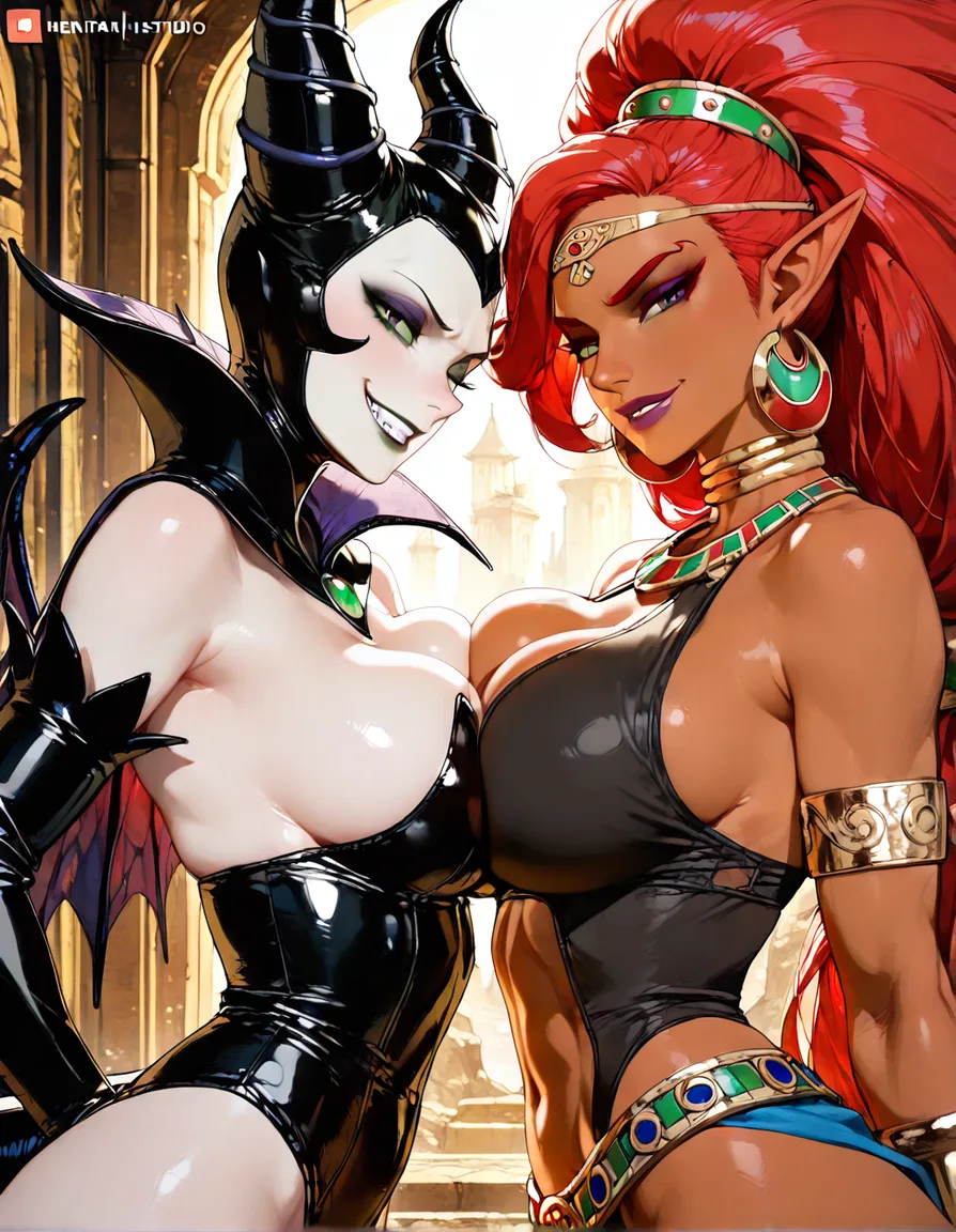 2girls , maleficent evil_smile , urbosa , breast_press , confidence , from_side, hentai_studio_quality