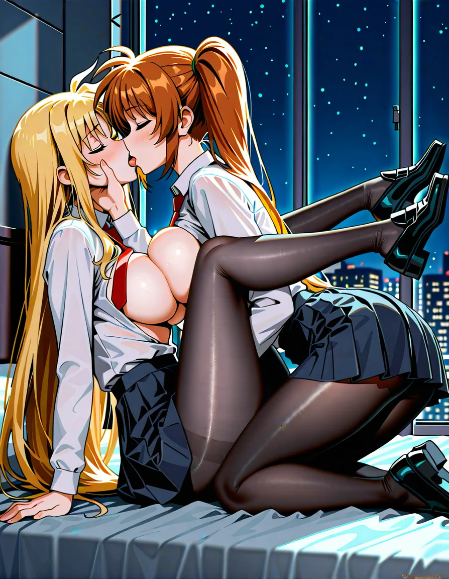 @fate_testarossa, @takamachi_nanoha, yuri, pantyhose, school_uniform, necktie, french_kiss, legs_up, breast_press, breasts_out, loafers, black_footwear, hand_on_another's_face, closed_eyes, tongue, full_body, on_bed, window, night, hentai_studio_quality