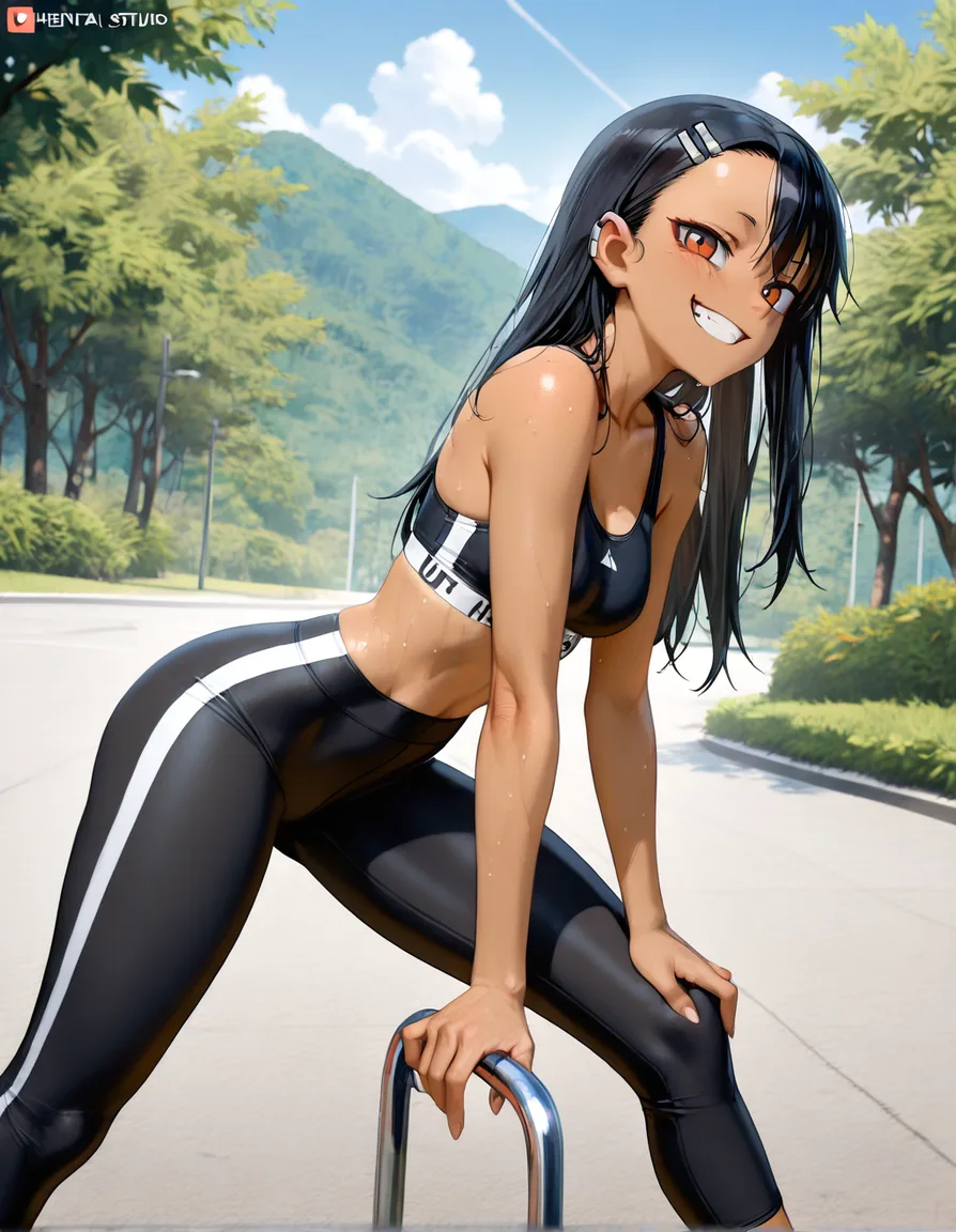 /best_quality /ultra_detailed @nagatoro_hayase #1girl #outdoors #sports_bra #leggings, hentai_studio_quality