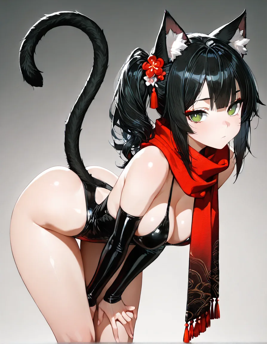 absurdres, highres, catgirl, bent over, scarf, side ponytail, gradient background, soft cel shading, hentai_studio_quality