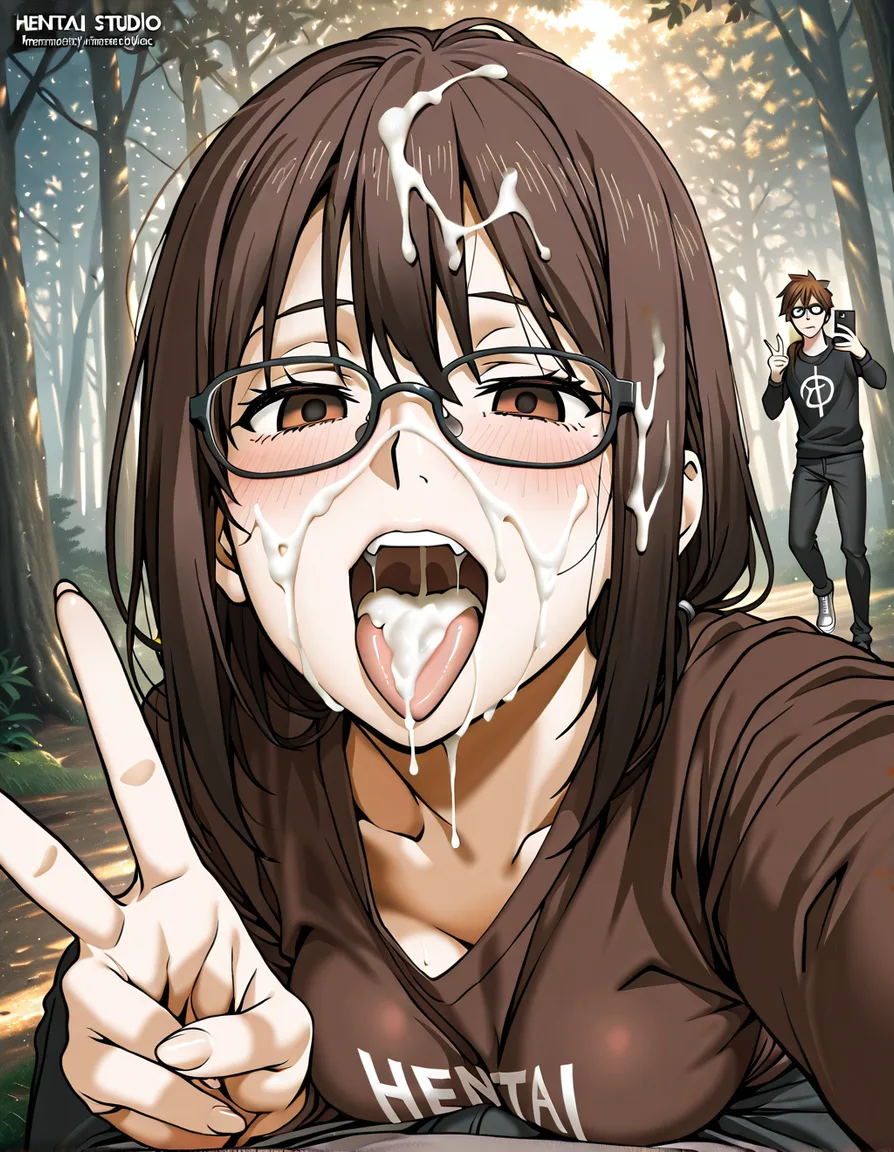 a cute nerdy girl with brown hair and glasses after recieving a facial from her boyfriend in the woods brown_hair brown_eyes glasses facial tongue_out selfie v, outdoors, forest running cum_in_mouth cum_on_hair, hentai_studio_quality