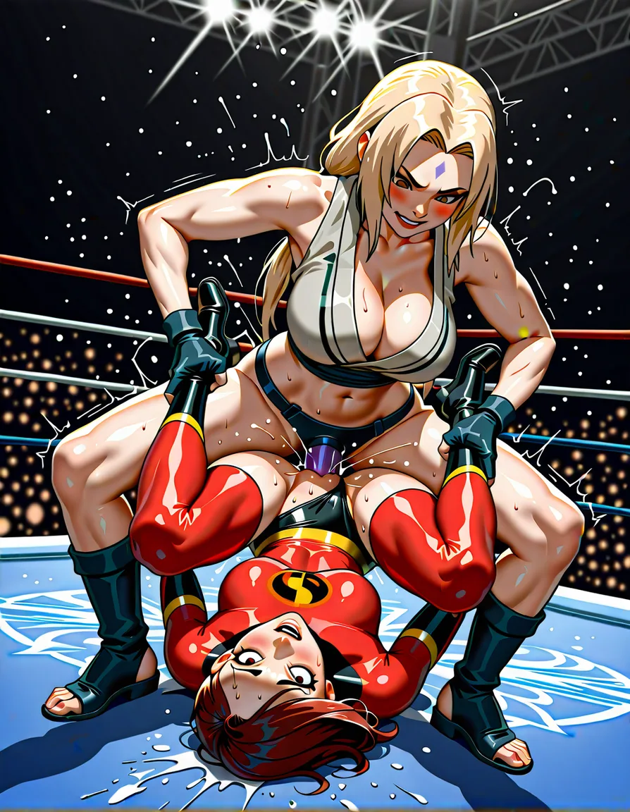 Elastigirl_(incredibles) , @tsunade_(naruto) , 2girls yuri sex , wrestling_ring, wrestling orgasm pussy_juice, defeated, squirting , strap-on vaginal_object_insertion, domination,,, hentai_studio_quality, hentai_studio_quality, hentai_studio_quality, hentai_studio_quality