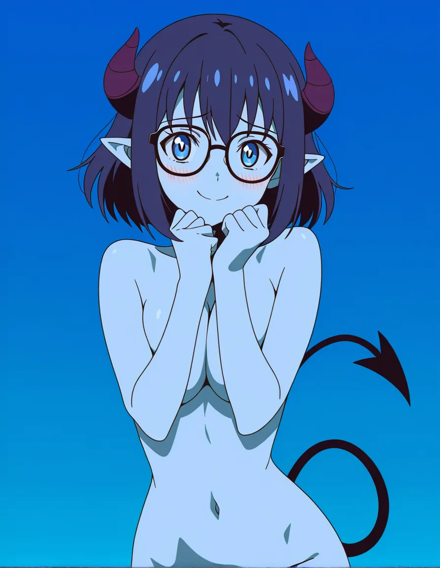 ultra detailed shading, demon girl, glasses, tail, fully nude, blue background, shy smile, doujin style, (anime style:1.3), 2d, anime screencap, cel shading, flat color, @00osamio00