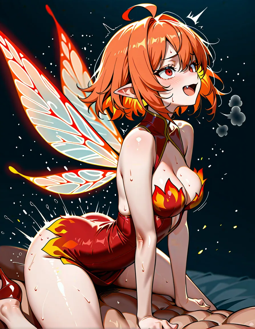 masterpicece, absurdres, best quality, very detailed, sharp, 1boy, 1girl, short_hair, red_eyes, ahoge, orange_hair, fang, red short dress with flame coloured leaf shaped edges, fairy wings, medium_breasts, breast cups, cleavage, red high_heels, bare legs, sex, straddling, arched_back,, hentai_studio_quality