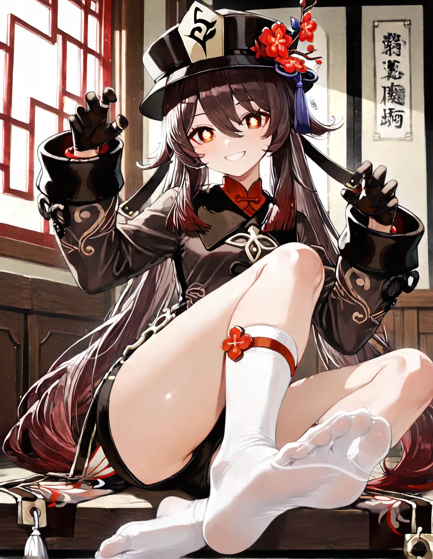 @hu_tao_(genshin_impact) #gloves #white_socks Shows her feet to viewer, hentai_studio_quality
