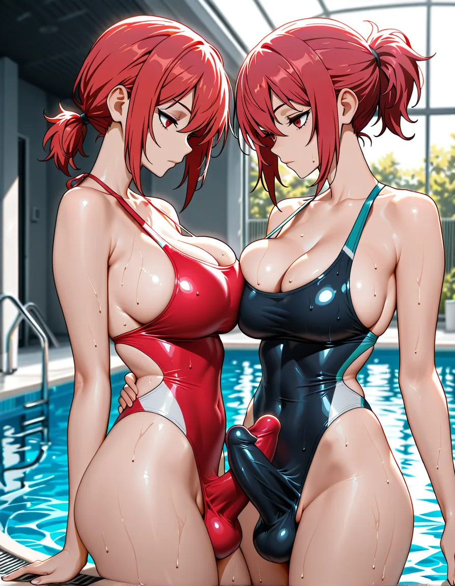 masterpiece, best quality, futanari, erection under clothes, redhead woman, short ponytail, red eyes, swimsuit, large breasts, expressionless, pool, anime style, hentai_studio_quality
