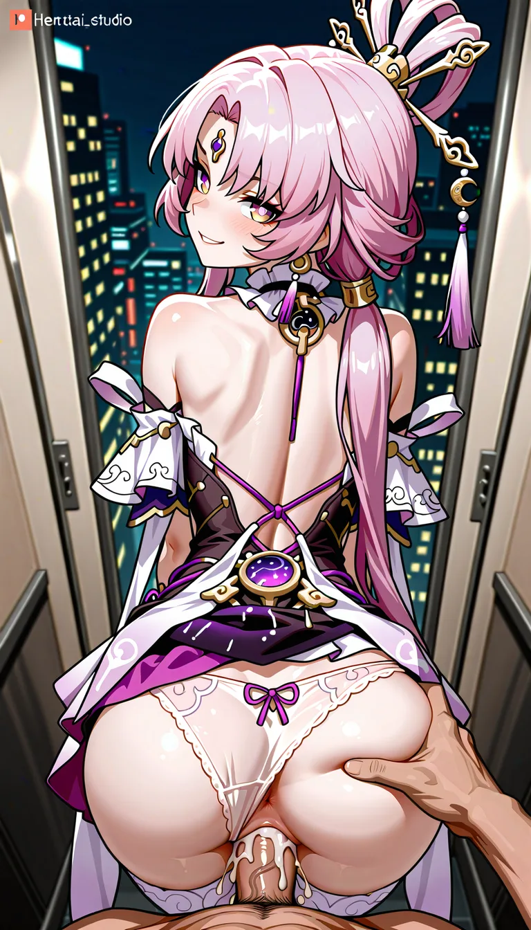 Masterpiece, 1girl, Fu Xuan from Honkai Star Rail, stand, Determinated Smile, skirt up, pov light no hairs cock, pov vaginal sex, cum, pov human, panties aside, thighhighs, Corridor background, from behind, look at viewer,,,, hentai_studio_quality, hentai_studio_quality
