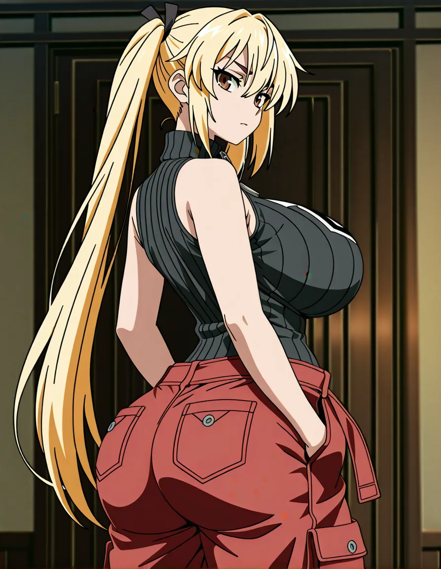 Yuki Tsukumo has a curvy body with huge breast, huge ass and thick thighs. She has long blonde hair that extends well down her back. She has wide brown eyes with thin eyebrows. Yuki wears a black sleeveless turtleneck top with a zipper on the neck and the crest on the zipper’s button. This attire continues with Red baggy cargo pants, which also carries a button with the same crest, with large black vertical lines on the pockets that has black ribbons attached to the pockets. bedroom red_pants undressing her pants, (anime style:1.3), 2d, anime screencap, cel shading, flat color