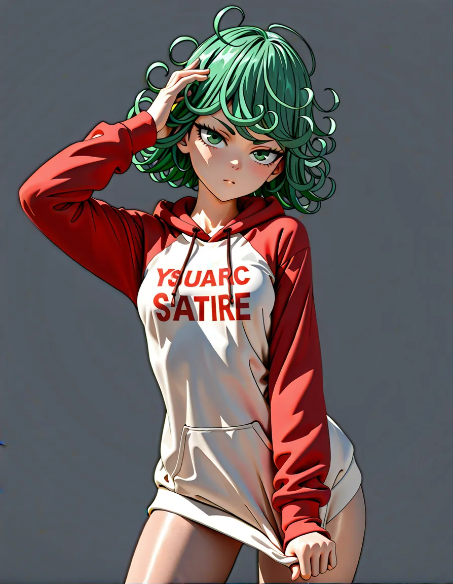 lazypos, masterpiece, best quality, very aesthetic, absurdres, amazing quality, 8k, key visual, official art, 3d anime, cel-shaded 3d, anime 3d render, stylized 3d, anime coloring, soft cel shading, glossy skin, ambient occlusion, sharp focus, beautiful face, perfect face, cute face, adult woman, smooth skin, ((1girl)), ((solo)), ((green_hair)), ((tatsumaki)), ((green_eyes)), ((hood)), ((hoodie)), ((looking_at_viewer)), (short_hair), (grey_background), (curly_hair), (hand_on_own_head), (long_sleeves), (clothes_writing), breasts, closed_mouth, saitama_(one-punch_man), arm_up, standing, hood_down, raglan_sleeves, no_pants, thighs, cowboy_shot, alternate_costume, white_hoodie, flipped_hair, drawstring, shirt_tug, medium_breasts, contrapposto, bare_legs, red_hoodie, expressionless, sweater, small_breasts, hand_in_own_hair, naked_hoodie, eyelashes, meme_attire, arm_at_side, casual, head_tilt, print_hoodie, pantyhose, score_9, score_8, 3d render, octane render, subsurface scattering, ray tracing, smooth shading