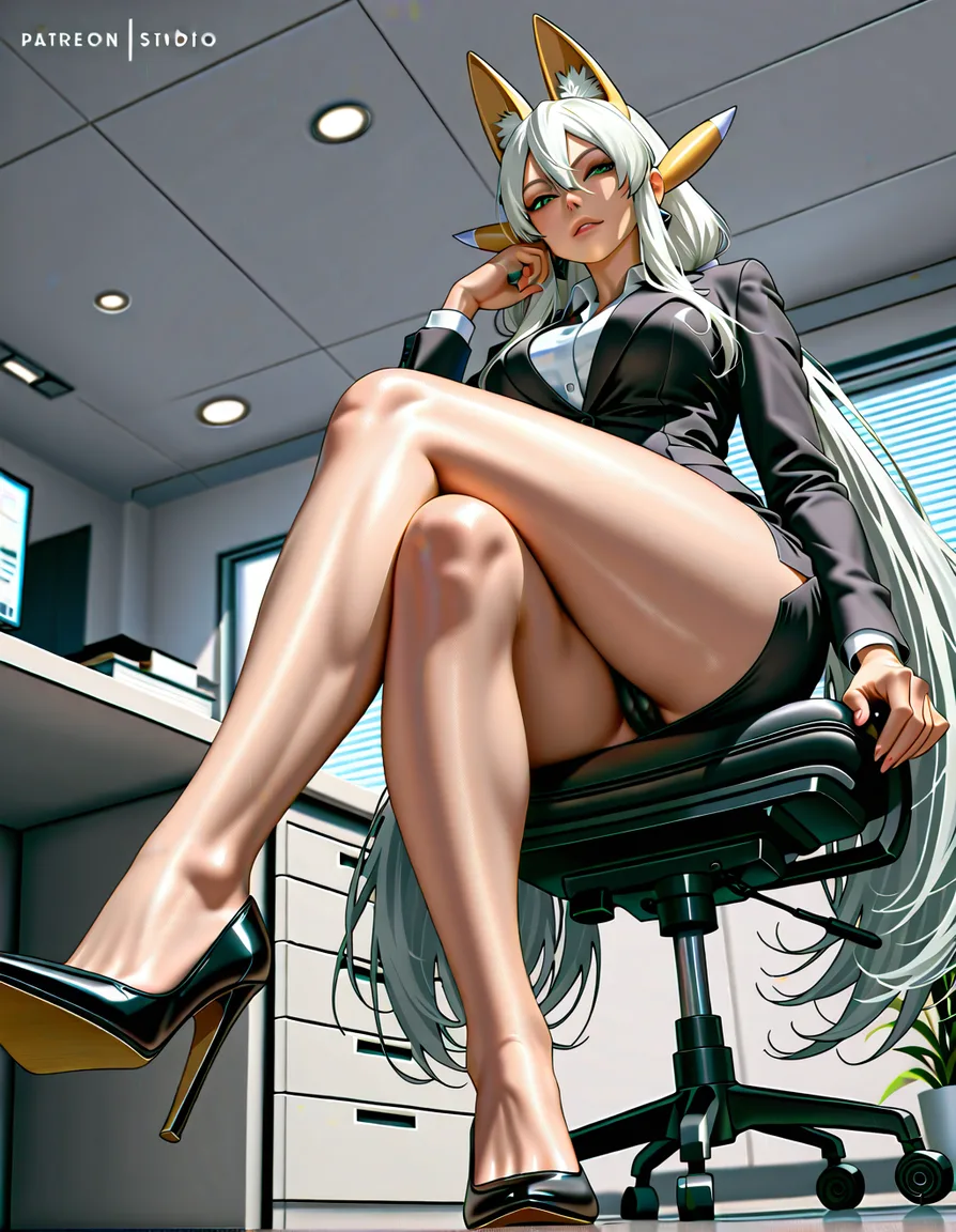 ultra detailed shading, masterpiece, clean art, highly_detailed, best_quality, hentai_studio_quality, realistic, sakuyamon, very_long_hair, white_hair, twintails, feet, high_heels, femdom, office_lady, miniskirt, formal_clothes, cameltoe, sitting, crossed_legs , from_below, hentai_studio_quality