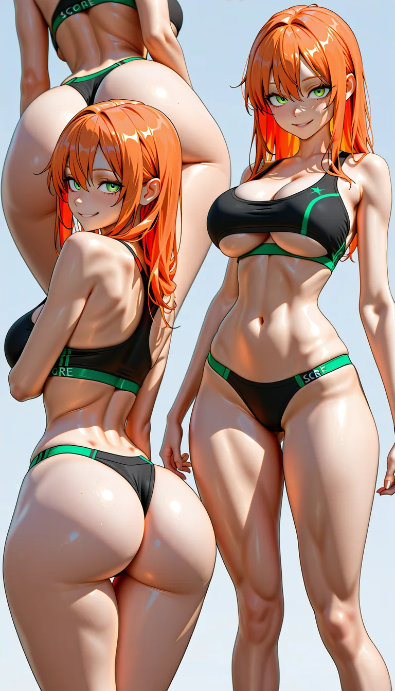 Long orange_hair, hyper big eyes, green eyes, seductive_smile, large_breasts, tiny waist, very skinny, wide hips, bubble butt, sports bra, cleavage, underboob, multiple_views, score_9, score_8, 3d render, octane render, subsurface scattering, ray tracing, smooth shading