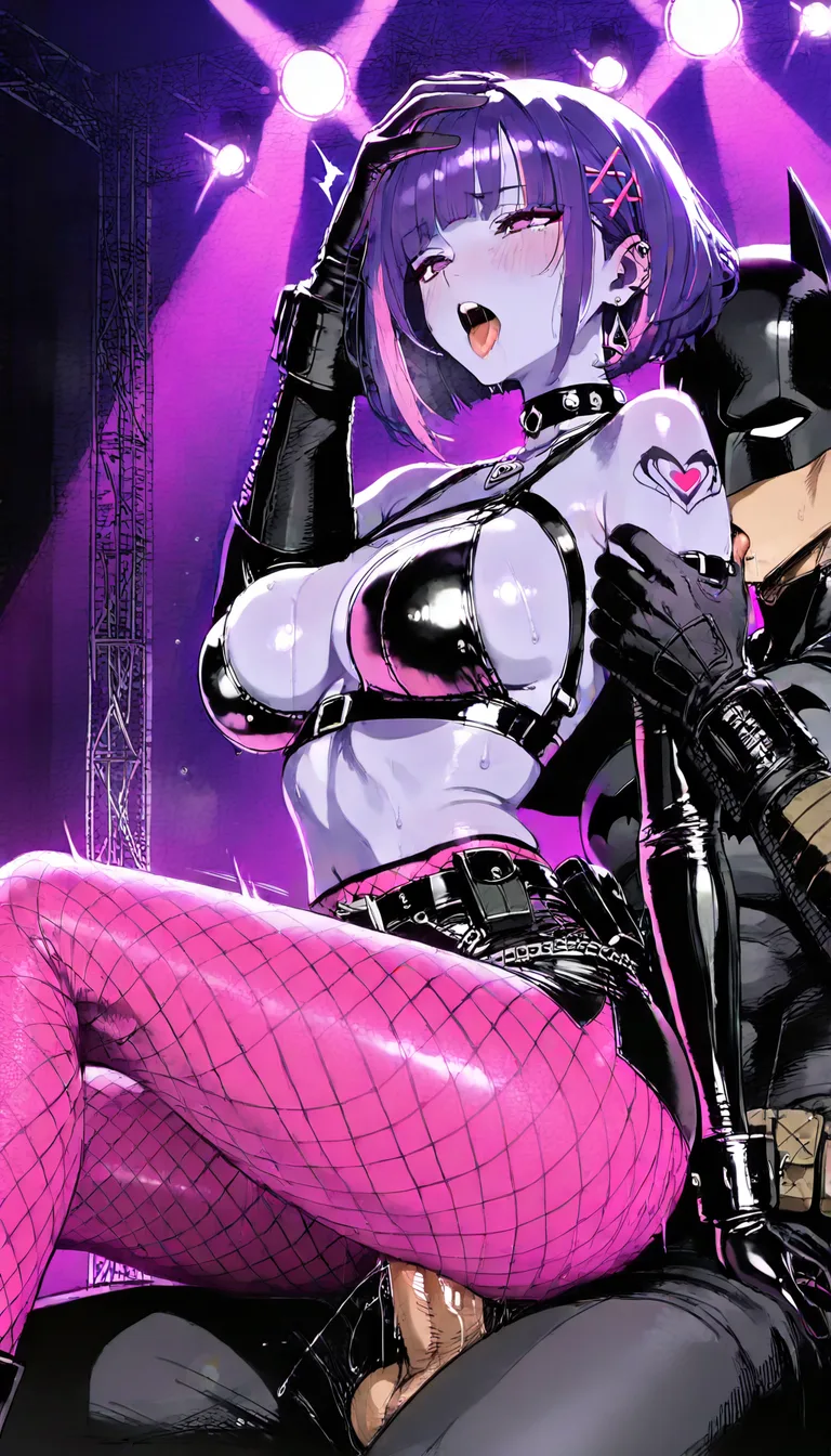 @raven_(dc) purple skin under bright stripper stage lights wearing fishnet suit pink pantyhose latex miniskirt and utility belt riding reverse cowgirl up and down on Batman's cock in her ass facing the viewer while her breasts are being squeezed and fucked from behind. Cumming inside scream moaning she loves his cock as she grabs his head for an intensely passionate kiss.