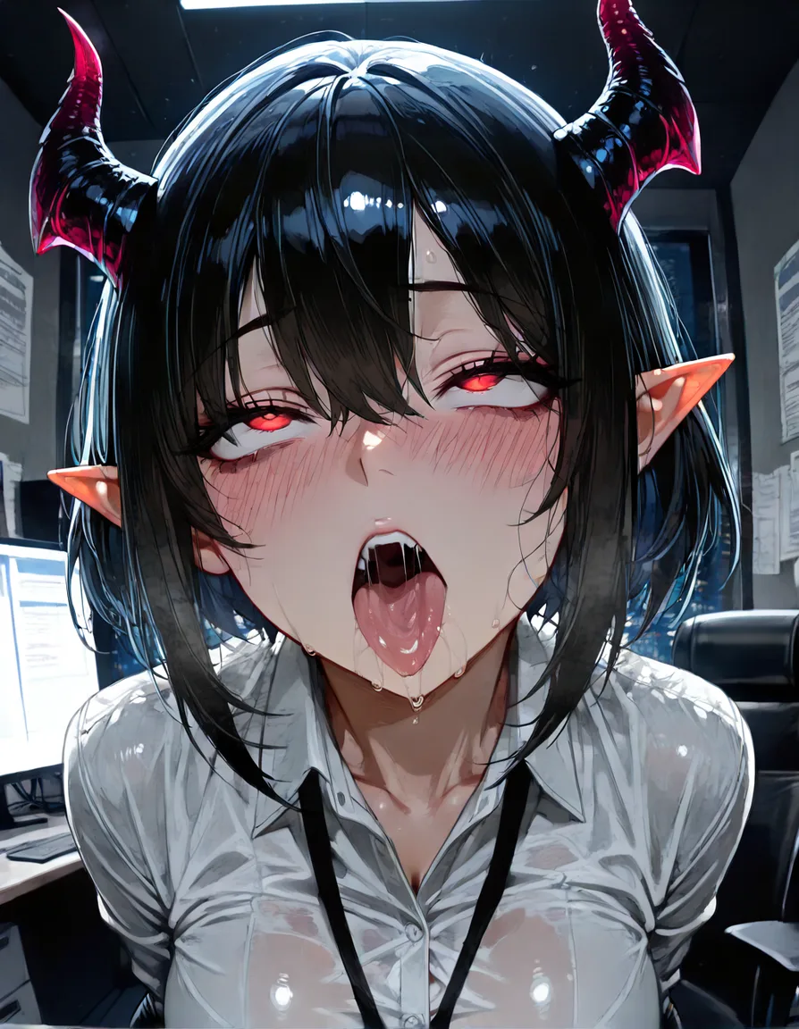 absurdres, highres, demon girl, office wear, ahegao, smoldering look, detailed shading, hentai_studio_quality