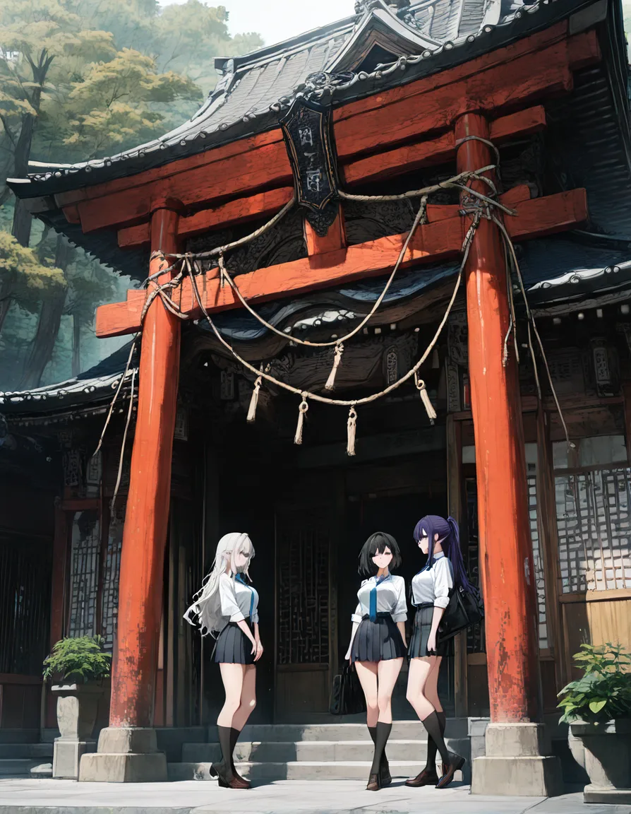 absurdres, highres, 3girls, skirt, futanari, wide shot, eroge aesthetic, hentai_studio_quality