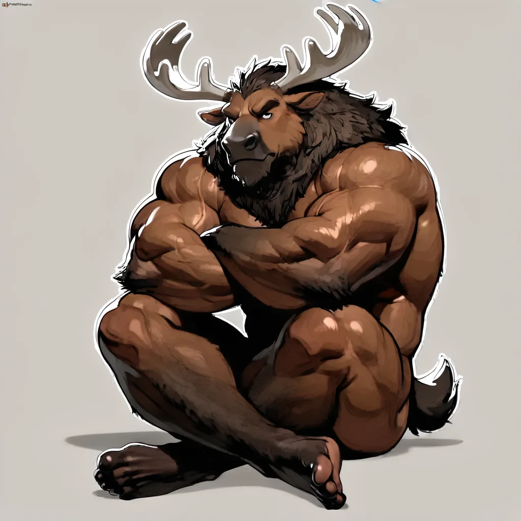 Nude buff male anthro moose, big and huge muscles, dark brown body, arms crossed, legs crossed, humanoid feet, 5 toes, sitting, gray simple background, solo