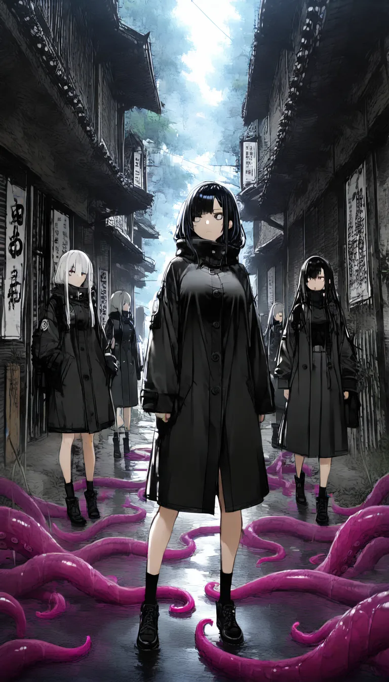 ultra detailed, sharp focus, 5girls, tentacle, buttons, socks, day, 2D illustration