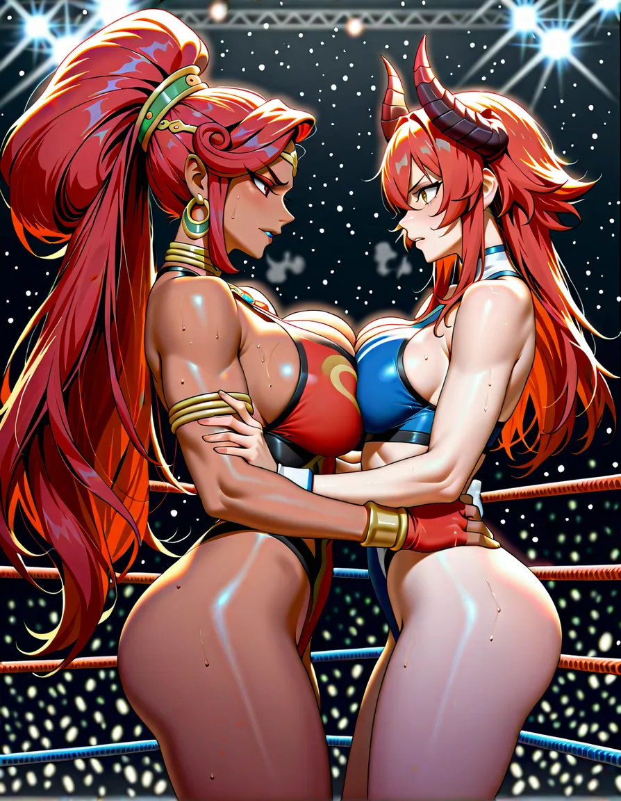 2girls , Best_quality, ultra_detailed, red_hair @zentreya_(vtuber)-dragon_horns , @urbosa , yuri sex ,wrestling_ring breast_press eye_contact , determined_expression,, from_side, standing,,,, hentai_studio_quality, hentai_studio_quality, hentai_studio_quality