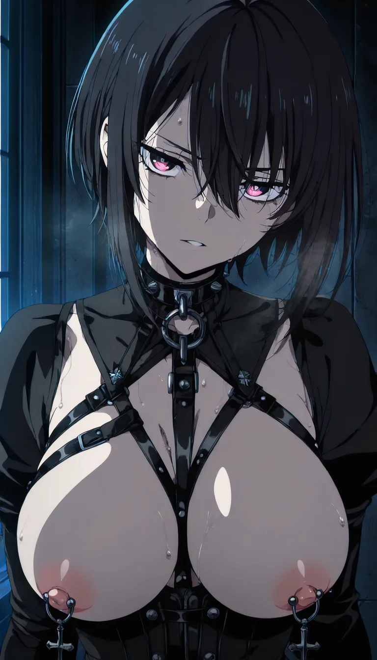 gothic. large_breasts nipple_piercing blacked.shorthair heavy_breathing, (anime style:1.3), 2d, anime screencap, cel shading, flat color