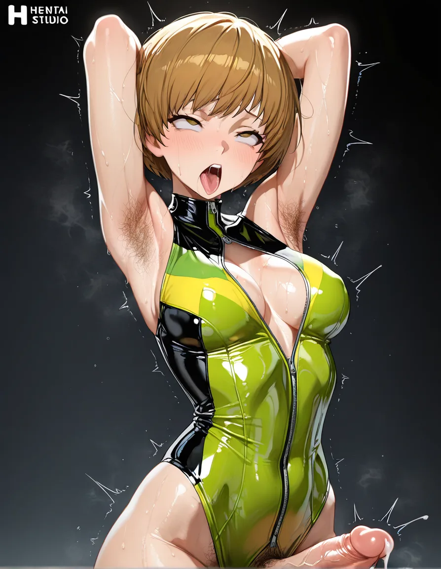 masterpiece, clean art, 1girl, ahegao , satonaka chie, hairy armpits, futanari, latex,, hentai_studio_quality