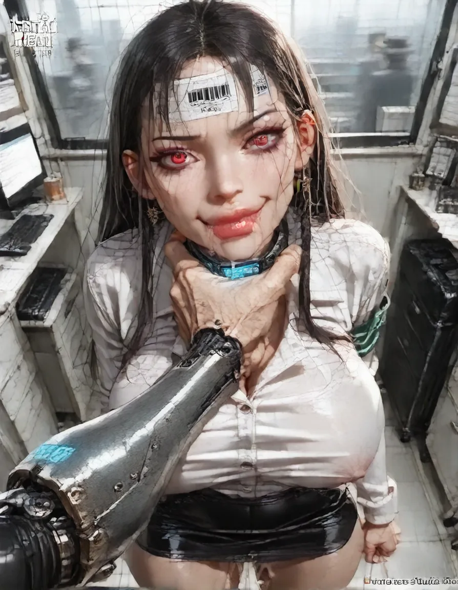 mechanical arms and legs woman (white_shirt, black leather miniskirt, long black fringe hair, makeup, red eyes, big lips, electronic collar, barcode tattoo on her forehead, gigantic huge breasts, thick thighs, cum leaking from vagina, smile, blank_eyes, drooling, standing up), FIRST PERSON VIEW, face to face, strangled by the viewer white hand, kissing. BREAK : in a office room, realistic., hentai_studio_quality