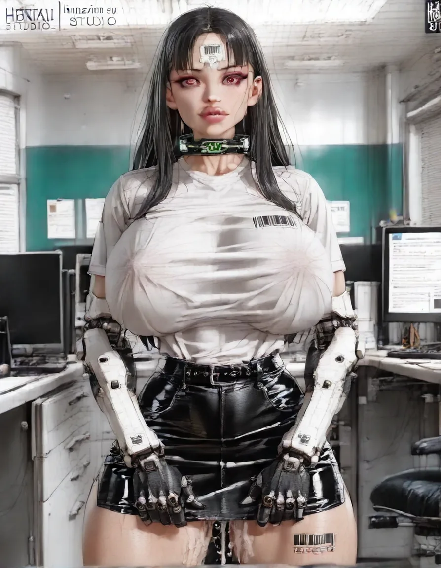 mechanical arms and legs woman (white_shirt, black leather miniskirt, long black fringe hair, makeup, red eyes, big lips, electronic collar, barcode tattoo on her forehead, gigantic huge breasts, thick_thighs, cum leaking from vagina, standing up), FIRST PERSON VIEW, kissing the viewer, face to face. BREAK : in a office room, realistic., hentai_studio_quality