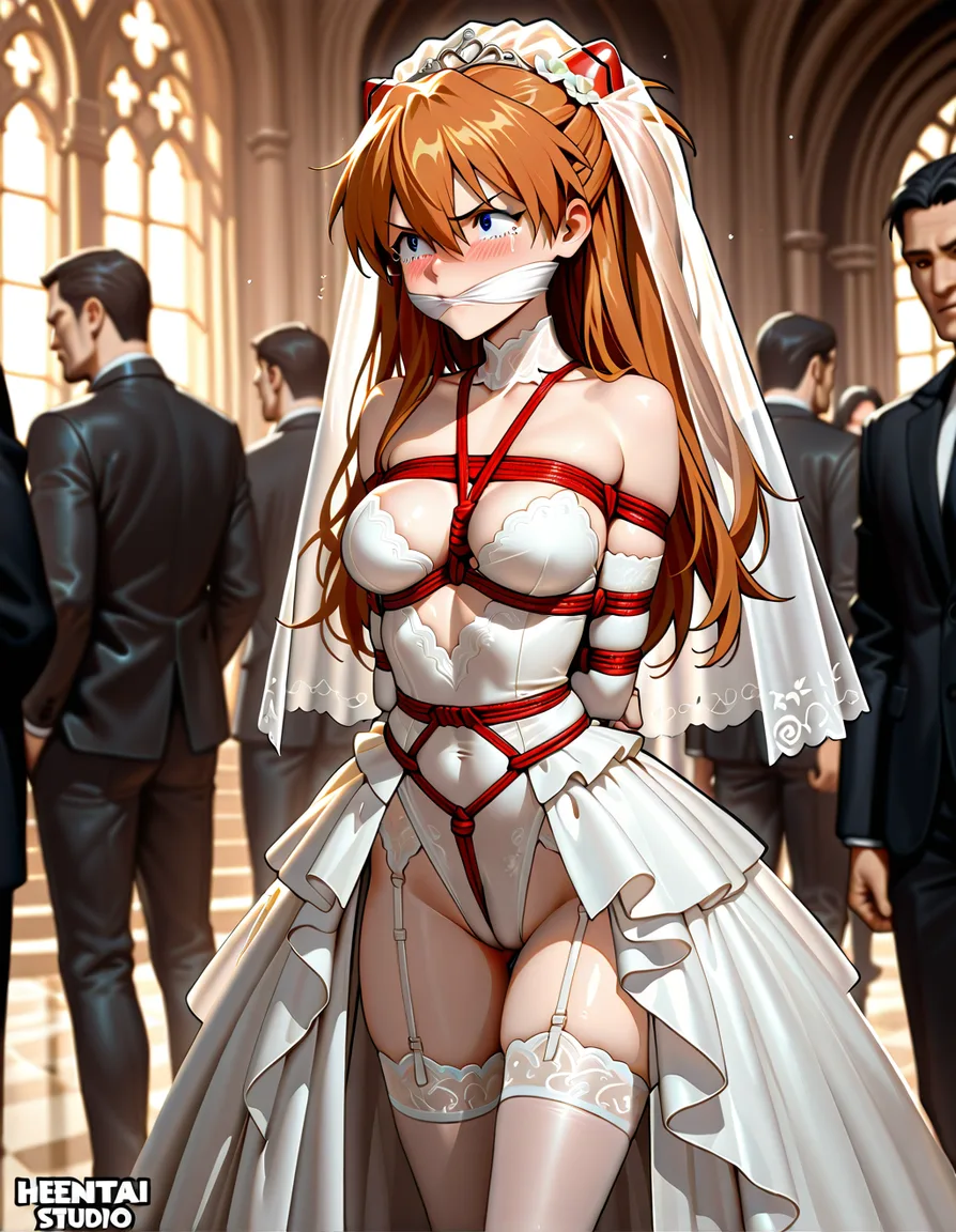 /masterpiece /ultra_detailed /highres @souryuu_asuka_langley #shibari #gagged #tearing_up #embarrassed #revealing_clothes #wedding_dress #bridal_gauntlets #bridal_veil #public_indecency, hentai_studio_quality