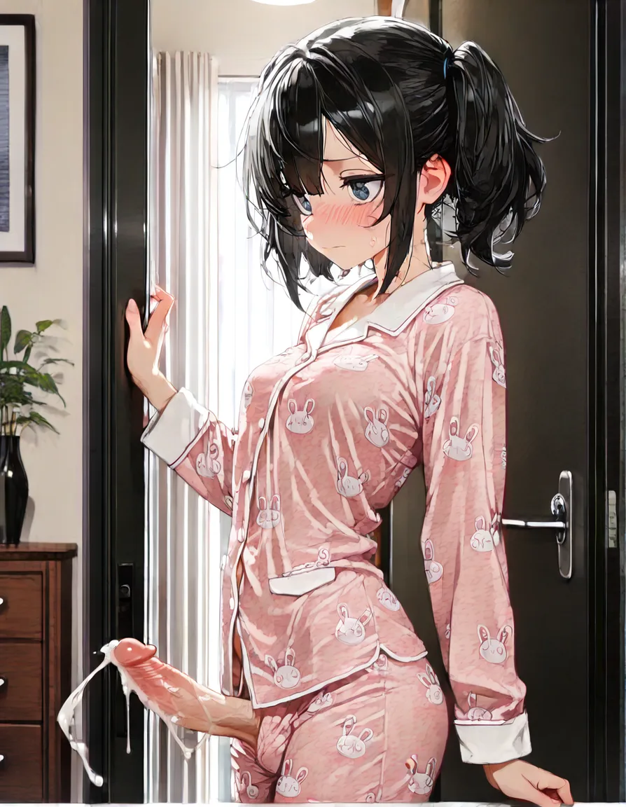 petite futanari pajamas erection cum_overflow embarrassed short_twintails, hentai_studio_quality