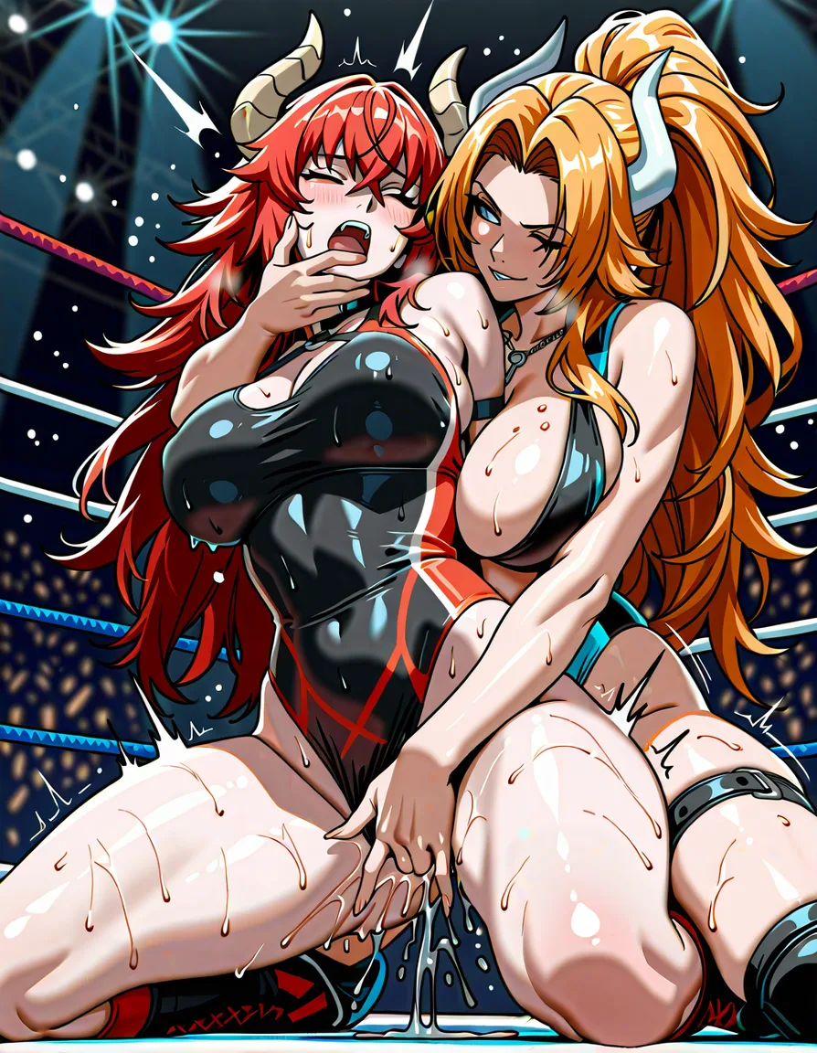 2girls , Best_quality, ultra_detailed, zentreya_(vtuber)-red_hair-dragon_horns , @matsumoto_rangiku , yuri sex ,wrestling_ring wrestling defeated, pussy_juice squirting orgasm , sweat fingering wince, hentai_studio_quality, hentai_studio_quality