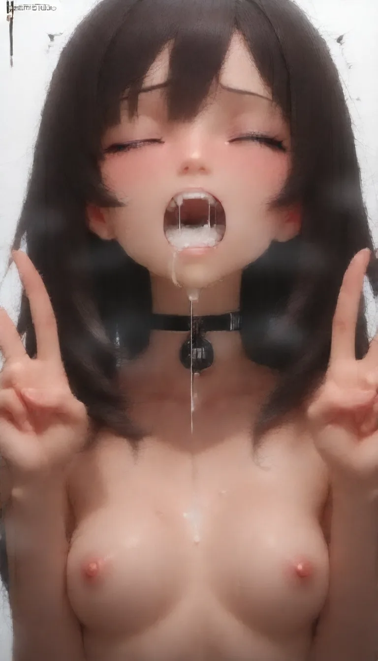 masterpiece, 1girl, nude, double_v, small_breasts, open_mouth, cum_in_mouth, choker, one_eye_closed BREAK white_background, hentai_studio_quality