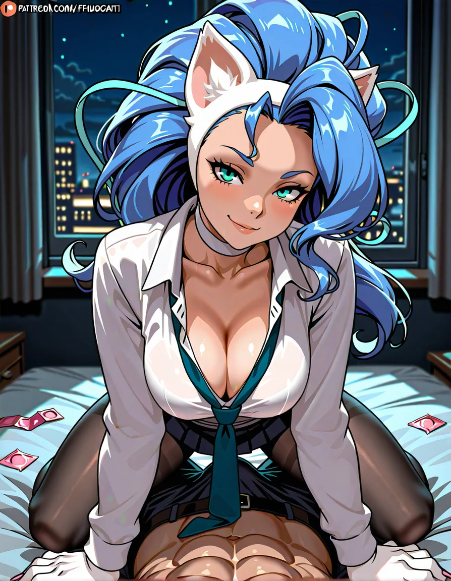 1girl, 1boy, @felicia_(darkstalkers), pov, girl_on_top, pantyhose, school_uniform, bulge, cleavage, abs, necktie, dress_shirt, all_fours, full_body, seductive_smile, condom, on_bed, night, window, hentai_studio_quality